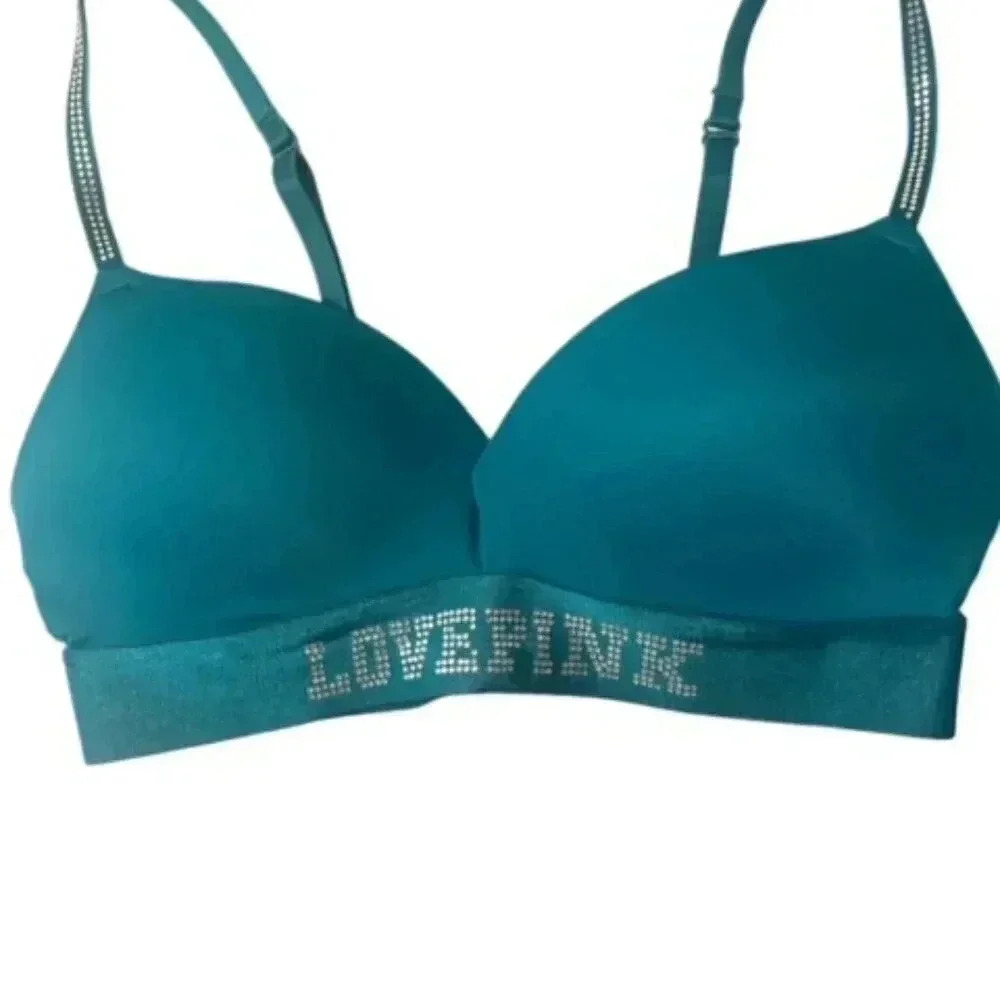 Victoria Secret Love Pink Bra Size 34C Bedazzled Turquoise Pink Padded Push Up